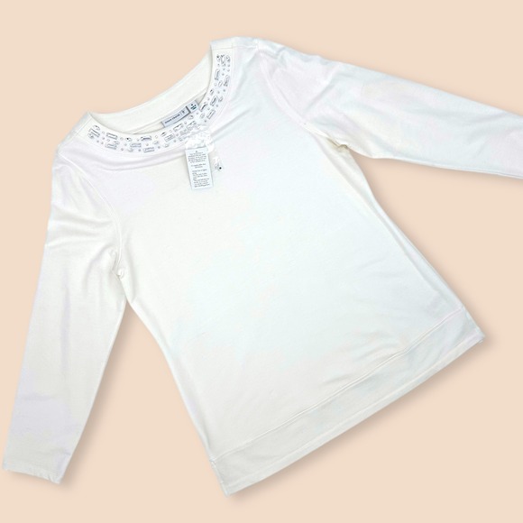 Susan Graver Fleece-Back Knit Top Size M Ivory Rhinestone Embellished Tunic NEW - Picture 11 of 11
